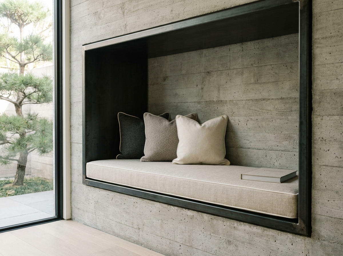 Cream seat cushion and three throw pillows in a built-in concrete wall niche beside a window