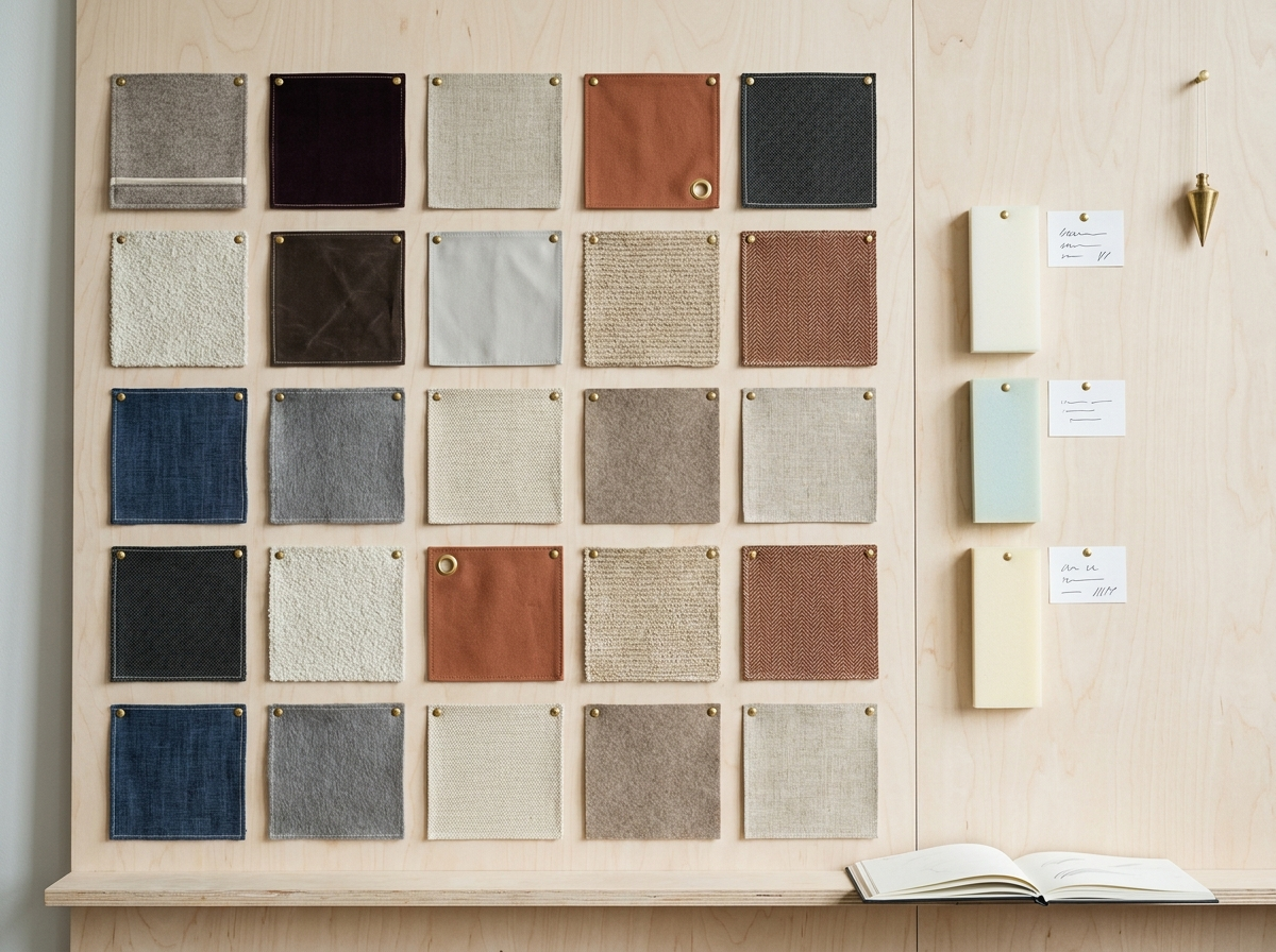 Wall of fabric swatches in neutral, blue and rust tones pinned to a wooden board