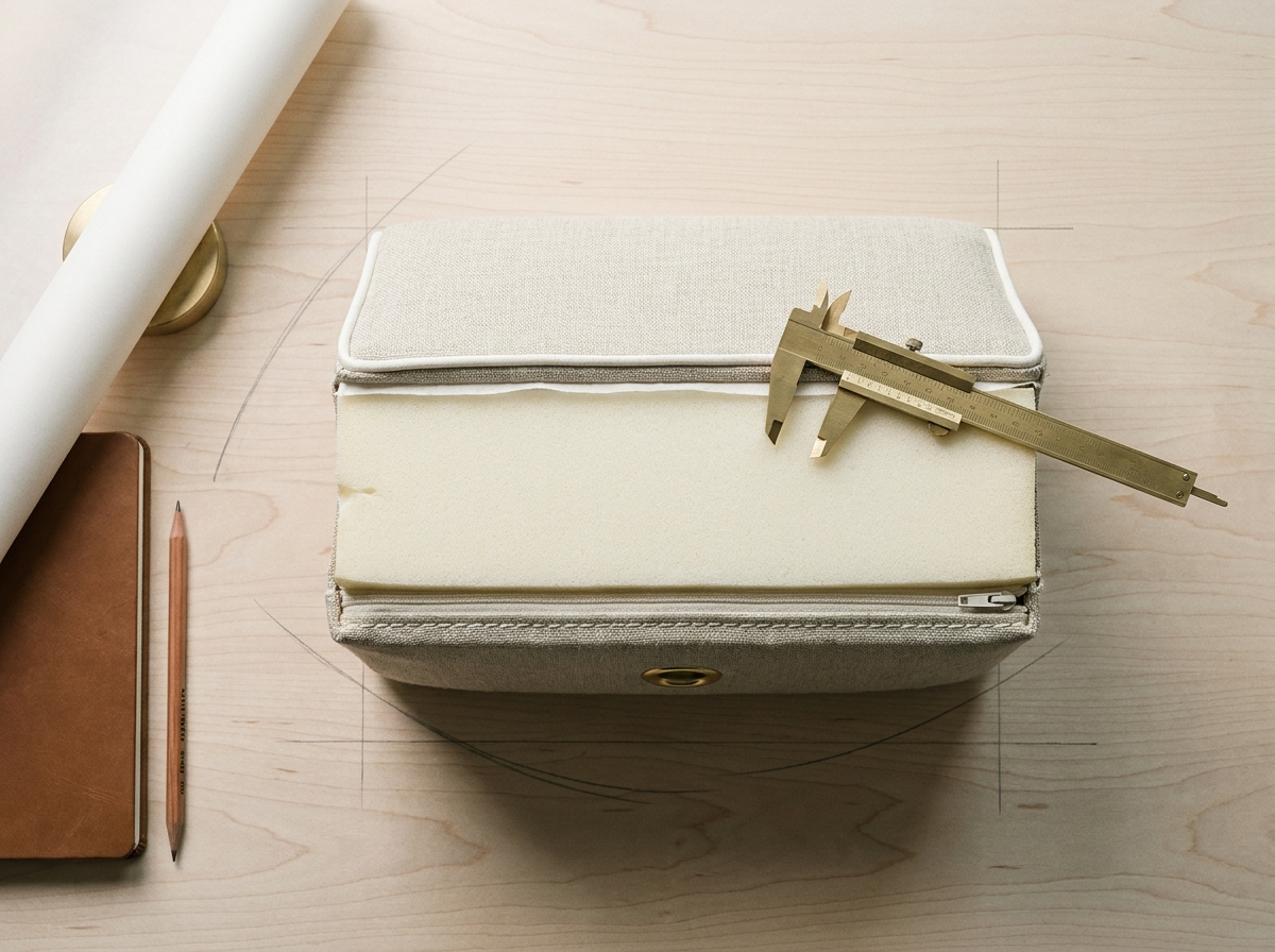 Linen-covered cushion with its zip cover opened to show the foam core, a brass caliper on top