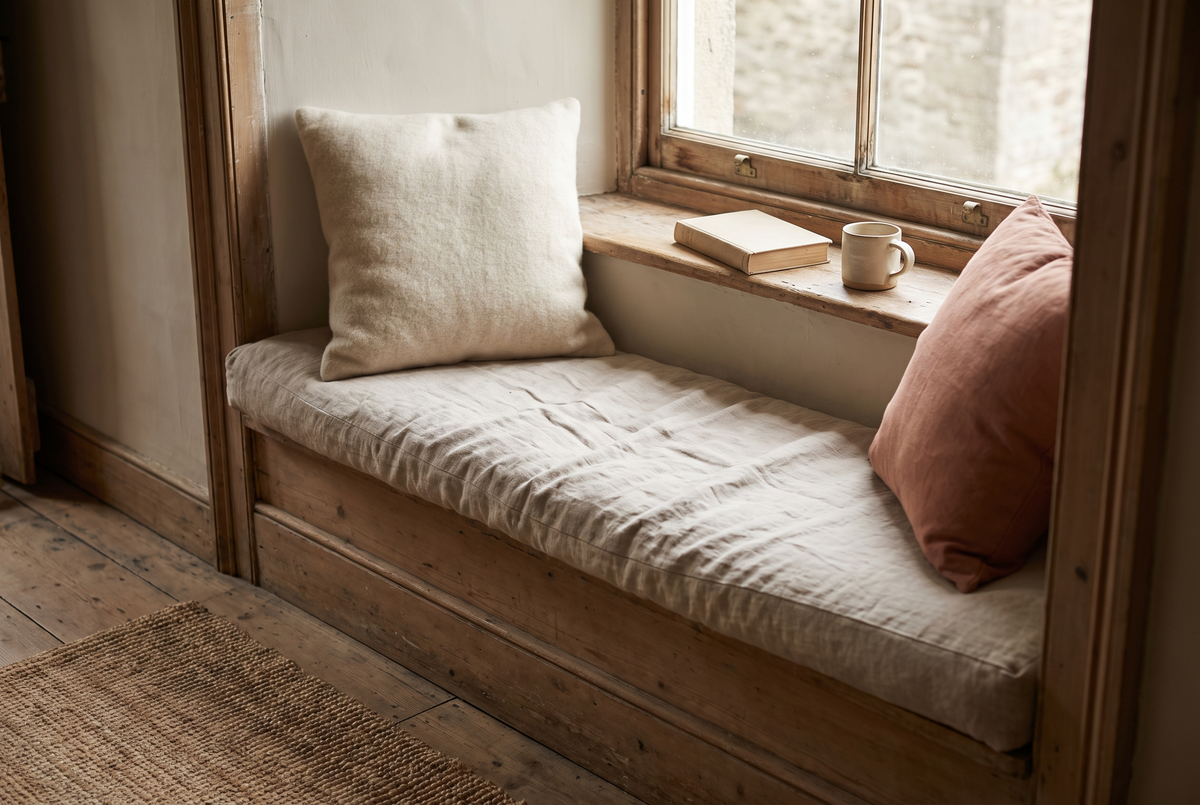 Home window seat fitted with a natural oatmeal linen bench cushion and throw pillows in soft warm daylight