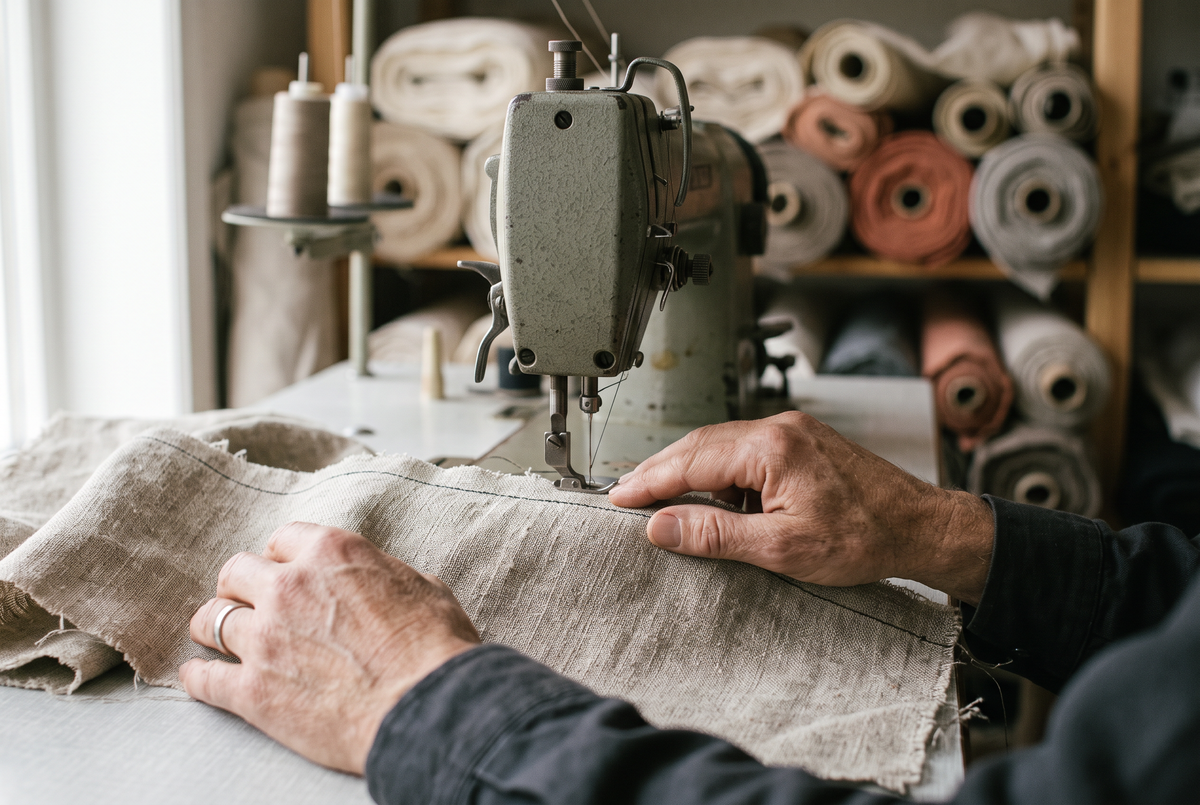 Hands guiding natural linen fabric through an industrial sewing machine in a workshop