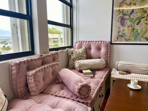 Pink Velvet Tufted Floor Cushion, Custom Window Seat Cushion
