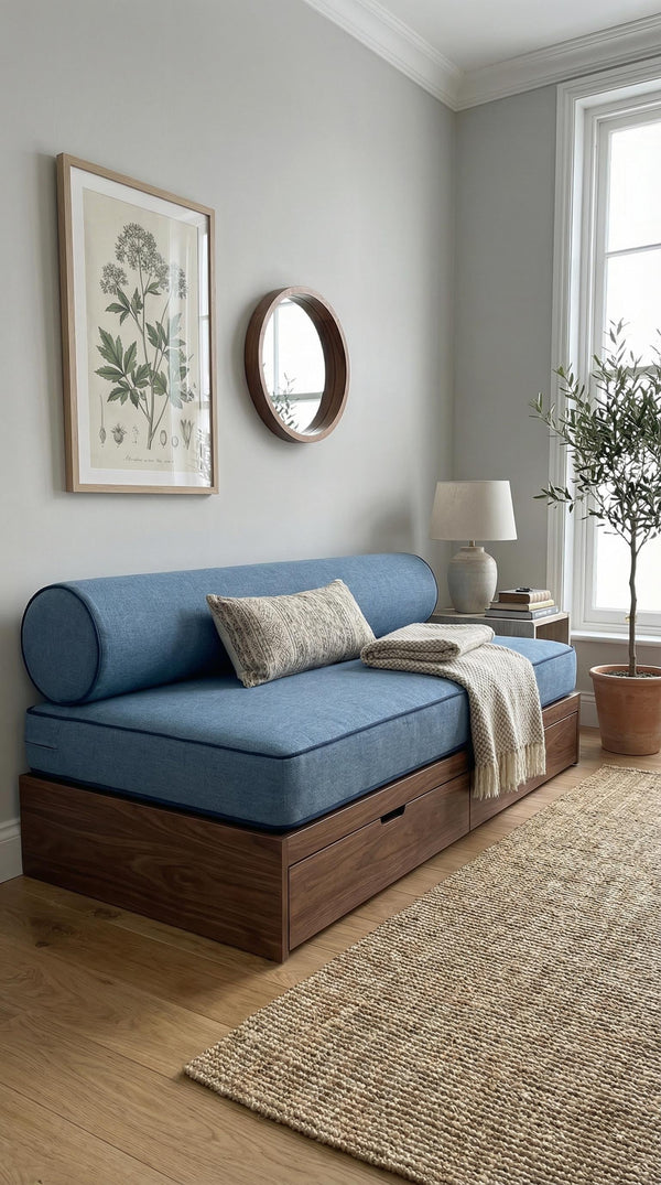 Bespoke Bench Cushion with Bolster – Velvet-Linen Custom