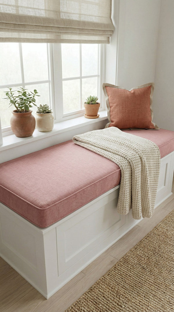 Custom Window Seat Cushion – Linen-Look, Piped Banquette