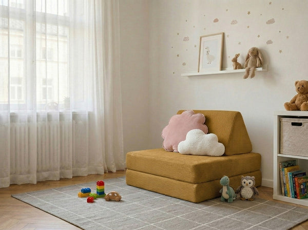 Custom Kids Play Sofa, Foldable Corduroy Floor Couch, Convertible Toddler Lounge & Play Bed, Modular Nursery Seating, Ma