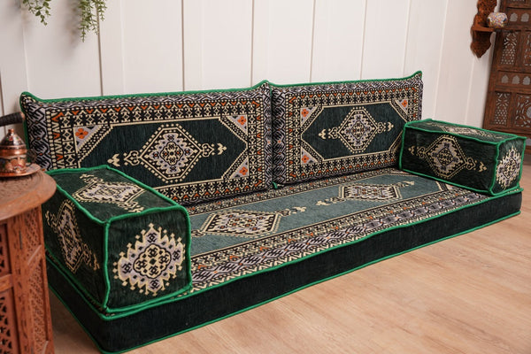 Green Palace Elegance: Single Floor Sofa – Arabic Majlis Seating – Moroccan Style Couch – Traditional Turkish Sofa