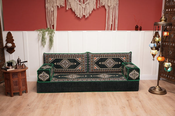 Green Palace Elegance: Single Floor Sofa – Arabic Majlis Seating – Moroccan Style Couch – Traditional Turkish Sofa