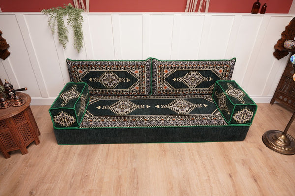 Green Palace Elegance: Single Floor Sofa – Arabic Majlis Seating – Moroccan Style Couch – Traditional Turkish Sofa