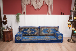 Royal Blue Palace Elegance: Single Floor Sofa – Arabic Diwan Sofa – Handmade Floor Sofa – Custom Size Floor Cushions
