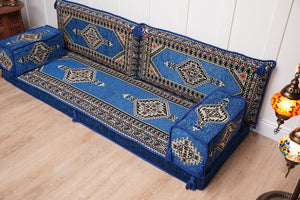 Royal Blue Palace Elegance: Single Floor Sofa – Arabic Diwan Sofa – Handmade Floor Sofa – Custom Size Floor Cushions