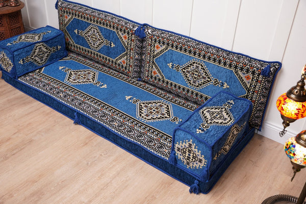 Royal Blue Palace Elegance: Single Floor Sofa – Arabic Diwan Sofa – Handmade Floor Sofa – Custom Size Floor Cushions