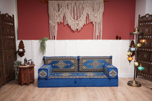 Royal Blue Palace Elegance: Single Floor Sofa – Arabic Diwan Sofa – Handmade Floor Sofa – Custom Size Floor Cushions