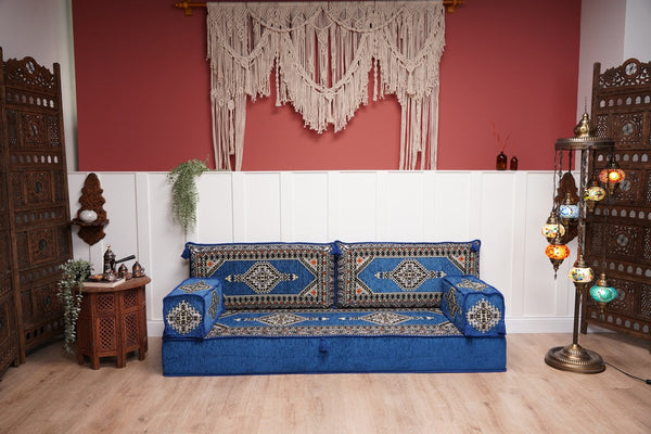 Royal Blue Palace Elegance: Single Floor Sofa – Arabic Diwan Sofa – Handmade Floor Sofa – Custom Size Floor Cushions