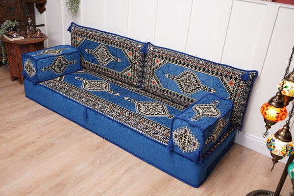 Royal Blue Palace Elegance: Single Floor Sofa – Arabic Diwan Sofa – Handmade Floor Sofa – Custom Size Floor Cushions