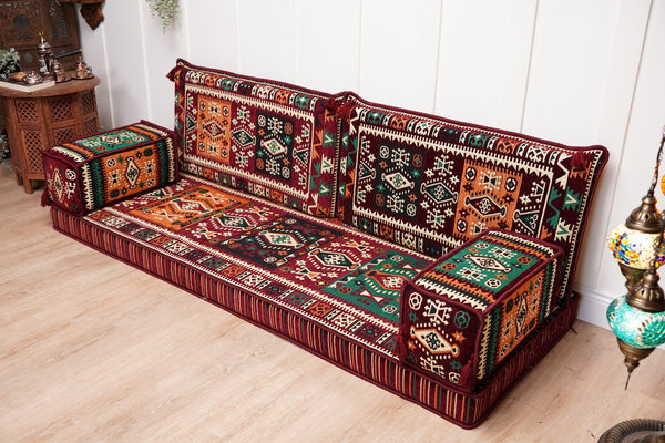 Maroon Milas Breeze: Single Floor Sofa – Arabic Floor Cushion – Ethnic Floor Sofa – Handmade Kilim Floor Sofa