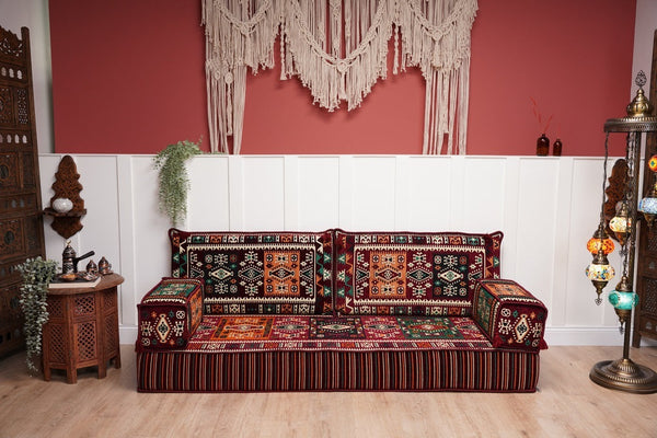 Maroon Milas Breeze: Single Floor Sofa – Arabic Floor Cushion – Ethnic Floor Sofa – Handmade Kilim Floor Sofa