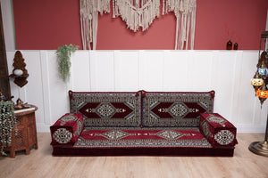 Maroon Palace Elegance: Single Floor Sofa – Arabic Majlis Sofa – Ethnic Floor Couch – Kilim Floor Sofa Seating