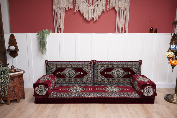 Maroon Palace Elegance: Single Floor Sofa – Arabic Majlis Sofa – Ethnic Floor Couch – Kilim Floor Sofa Seating