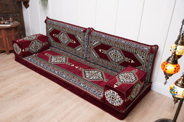 Maroon Palace Elegance: Single Floor Sofa – Arabic Majlis Sofa – Ethnic Floor Couch – Kilim Floor Sofa Seating