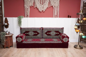 Maroon Palace Elegance: Single Floor Sofa – Arabic Majlis Sofa – Ethnic Floor Couch – Kilim Floor Sofa Seating