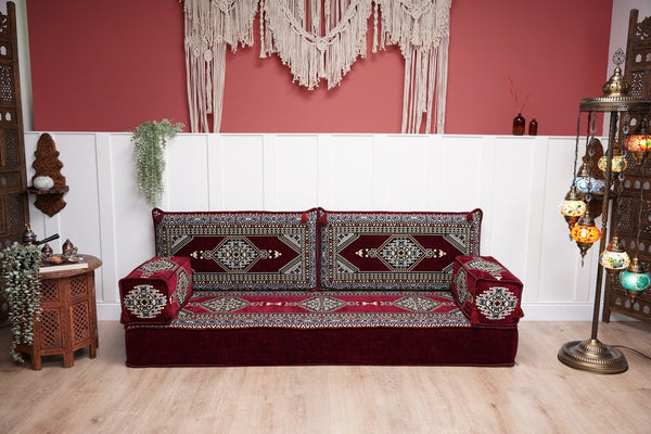 Maroon Palace Elegance: Single Floor Sofa – Arabic Majlis Sofa – Ethnic Floor Couch – Kilim Floor Sofa Seating