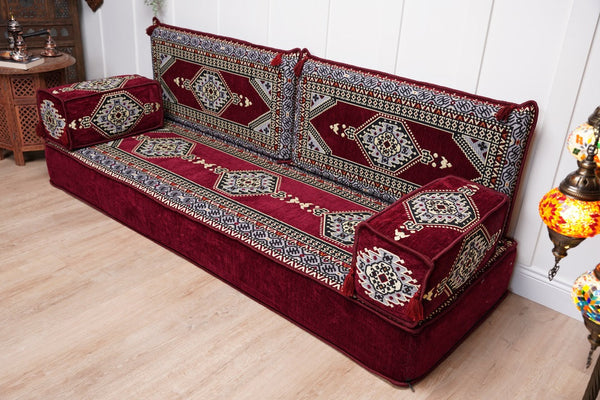 Maroon Palace Elegance: Single Floor Sofa – Arabic Majlis Sofa – Ethnic Floor Couch – Kilim Floor Sofa Seating