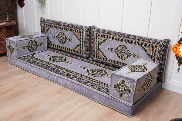 Gray Palace Elegance: Single Floor Sofa – Arabic Floor Seating – Ottoman Floor Sofa – Boho Living Room Seating