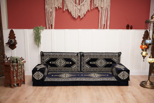 Navy Blue Palace Elegance: Single Floor Sofa – Arabic Majlis Sofa Set – Handmade Traditional Diwan Couch – Authentic Moroccan Cushions