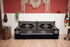 Navy Blue Palace Elegance: Single Floor Sofa – Arabic Majlis Sofa Set – Handmade Traditional Diwan Couch – Authentic Moroccan Cushions