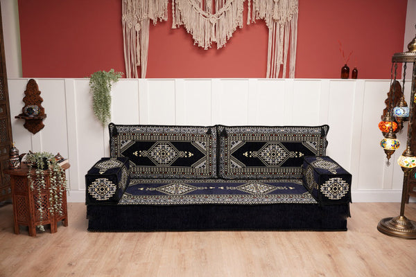 Navy Blue Palace Elegance: Single Floor Sofa – Arabic Majlis Sofa Set – Handmade Traditional Diwan Couch – Authentic Moroccan Cushions