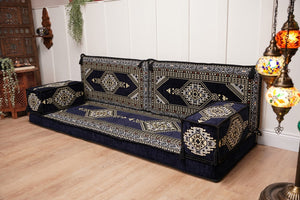 Navy Blue Palace Elegance: Single Floor Sofa – Arabic Majlis Sofa Set – Handmade Traditional Diwan Couch – Authentic Moroccan Cushions