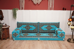 Turquoise Palace Elegance: Single Floor Sofa – Arabic Majlis Sofa – Oriental Cushion Set – Authentic Arabic Jalsa