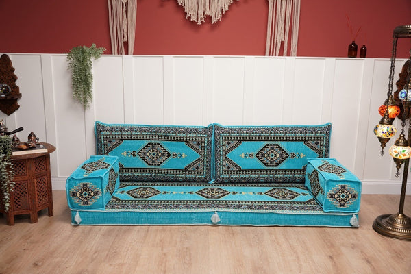 Turquoise Palace Elegance: Single Floor Sofa – Arabic Majlis Sofa – Oriental Cushion Set – Authentic Arabic Jalsa