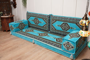 Turquoise Palace Elegance: Single Floor Sofa – Arabic Majlis Sofa – Oriental Cushion Set – Authentic Arabic Jalsa
