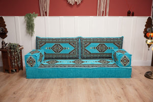 Turquoise Palace Elegance: Single Floor Sofa – Arabic Majlis Sofa – Oriental Cushion Set – Authentic Arabic Jalsa