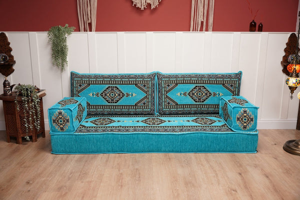 Turquoise Palace Elegance: Single Floor Sofa – Arabic Majlis Sofa – Oriental Cushion Set – Authentic Arabic Jalsa