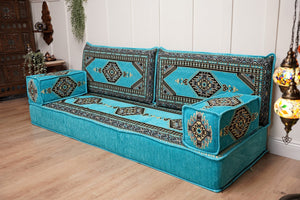 Turquoise Palace Elegance: Single Floor Sofa – Arabic Majlis Sofa – Oriental Cushion Set – Authentic Arabic Jalsa