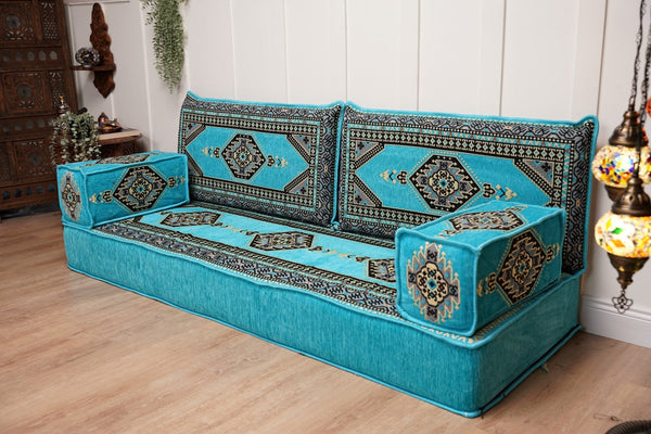Turquoise Palace Elegance: Single Floor Sofa – Arabic Majlis Sofa – Oriental Cushion Set – Authentic Arabic Jalsa