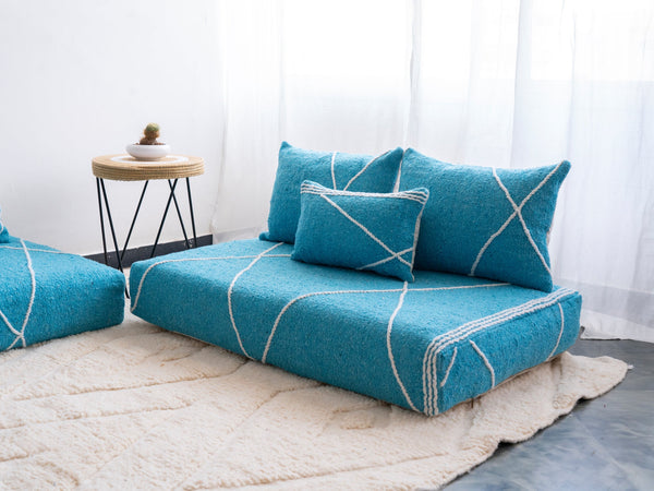 Loveseat Floor Sofa Seating, Turquoise Moroccan Floor Cushion, Sofa Ground, Boho Style Floor Sofa, Sofa with Cushions