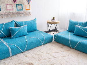 Loveseat Floor Sofa Seating, Turquoise Moroccan Floor Cushion, Sofa Ground, Boho Style Floor Sofa, Sofa with Cushions