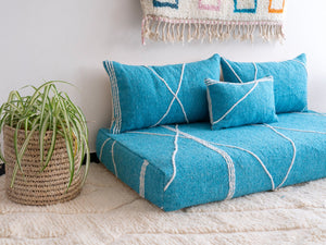 Loveseat Floor Sofa Seating, Turquoise Moroccan Floor Cushion, Sofa Ground, Boho Style Floor Sofa, Sofa with Cushions
