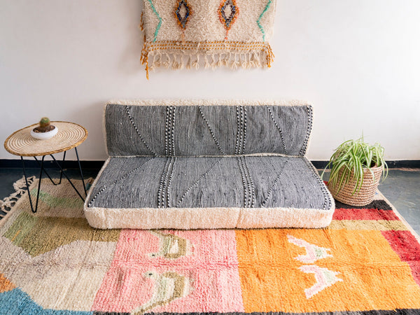 Moroccan Floor Sofa Set, Handmade Boho Style Couch, Kilim Pattern Pillow, Seating Pillows, Gray Floor Sofa Set