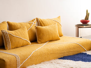 Yellow Modular Floor Cushions, White Striped Moroccan Floor Pillows, Loveseat Sofa, Floor Couches, Living Room Sofa