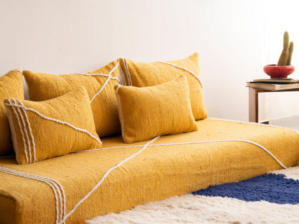 Yellow Modular Floor Cushions, White Striped Moroccan Floor Pillows, Loveseat Sofa, Floor Couches, Living Room Sofa