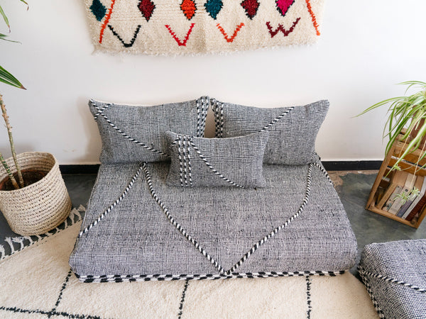 Traditional Moroccan Style Floor Sofa, Kilim Sofa Set, Floor Cushions, Boho Floor Couches, Handmade Gray Morocco Sofa