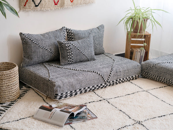 Traditional Moroccan Style Floor Sofa, Kilim Sofa Set, Floor Cushions, Boho Floor Couches, Handmade Gray Morocco Sofa