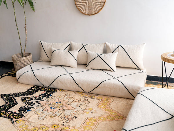 Black Striped Moroccan Floor Seating, Kilim Floor Pillow, Boho Style Floor Cushions, Modular Sofa, Handmade Floor Sofa
