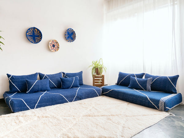 Navy Blue Moroccan Corner Loveseat Floor Sofa