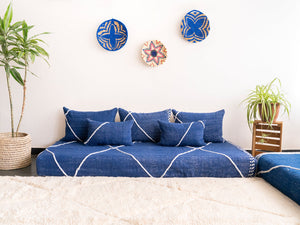 Moroccan Floor Cushions, Navy Blue Traditional Loveseat Sofa, Kilim Pillows, Living Room Sofa, Boho Seating Pillows
