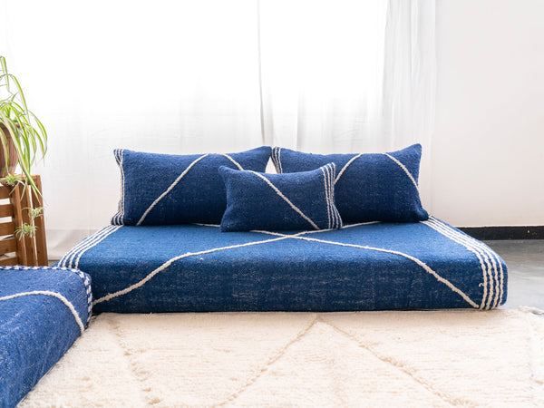 Moroccan Floor Cushions, Navy Blue Traditional Loveseat Sofa, Kilim Pillows, Living Room Sofa, Boho Seating Pillows